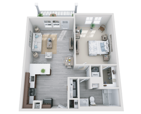 Floor plan for 1 bed, 1 bath, 869 sqft